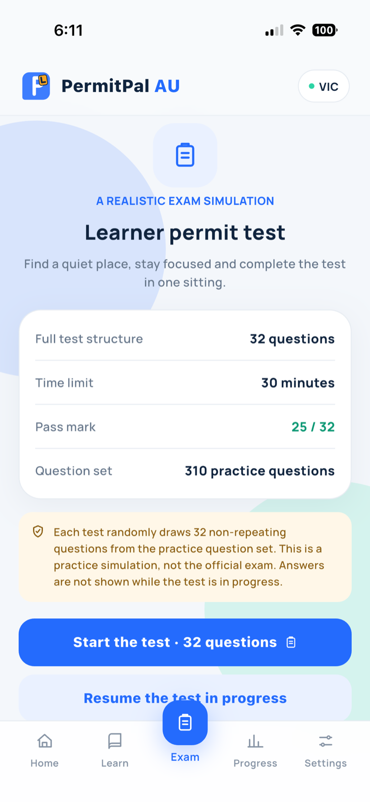 Mock exam start screen