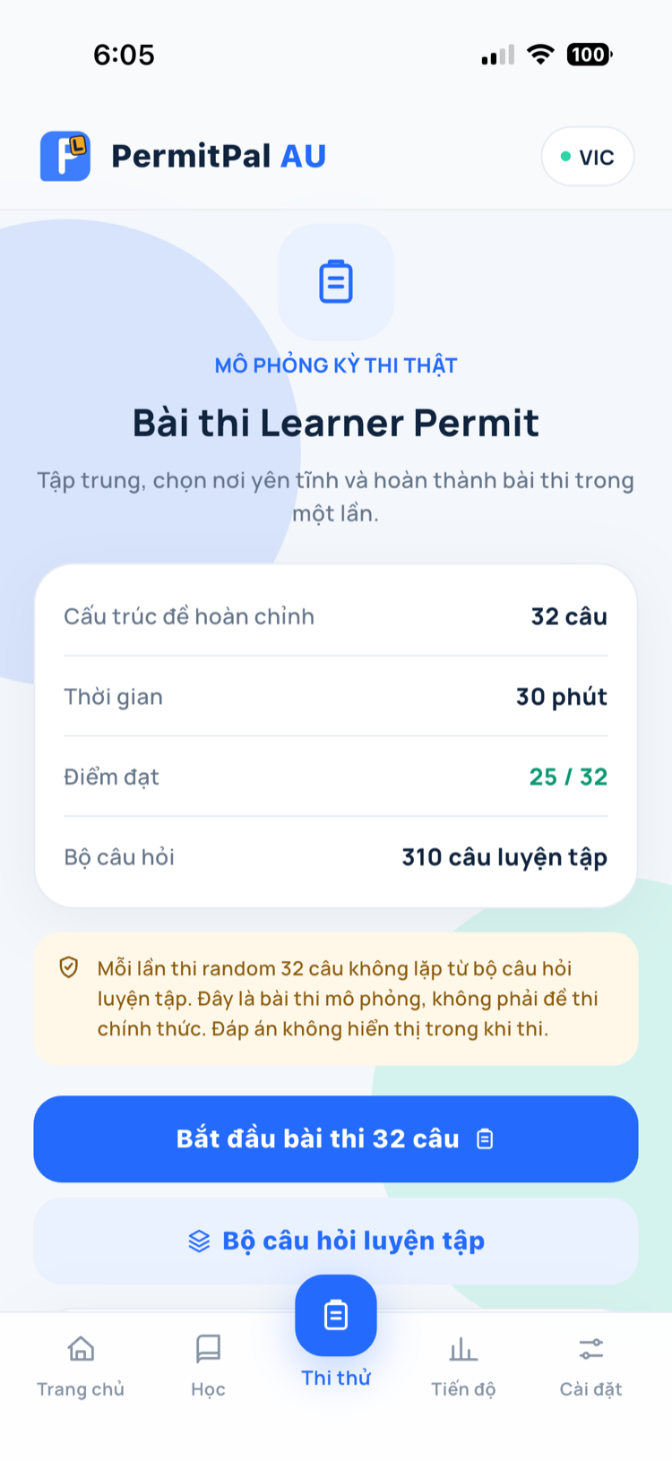 Màn hình thi thử PermitPal AU