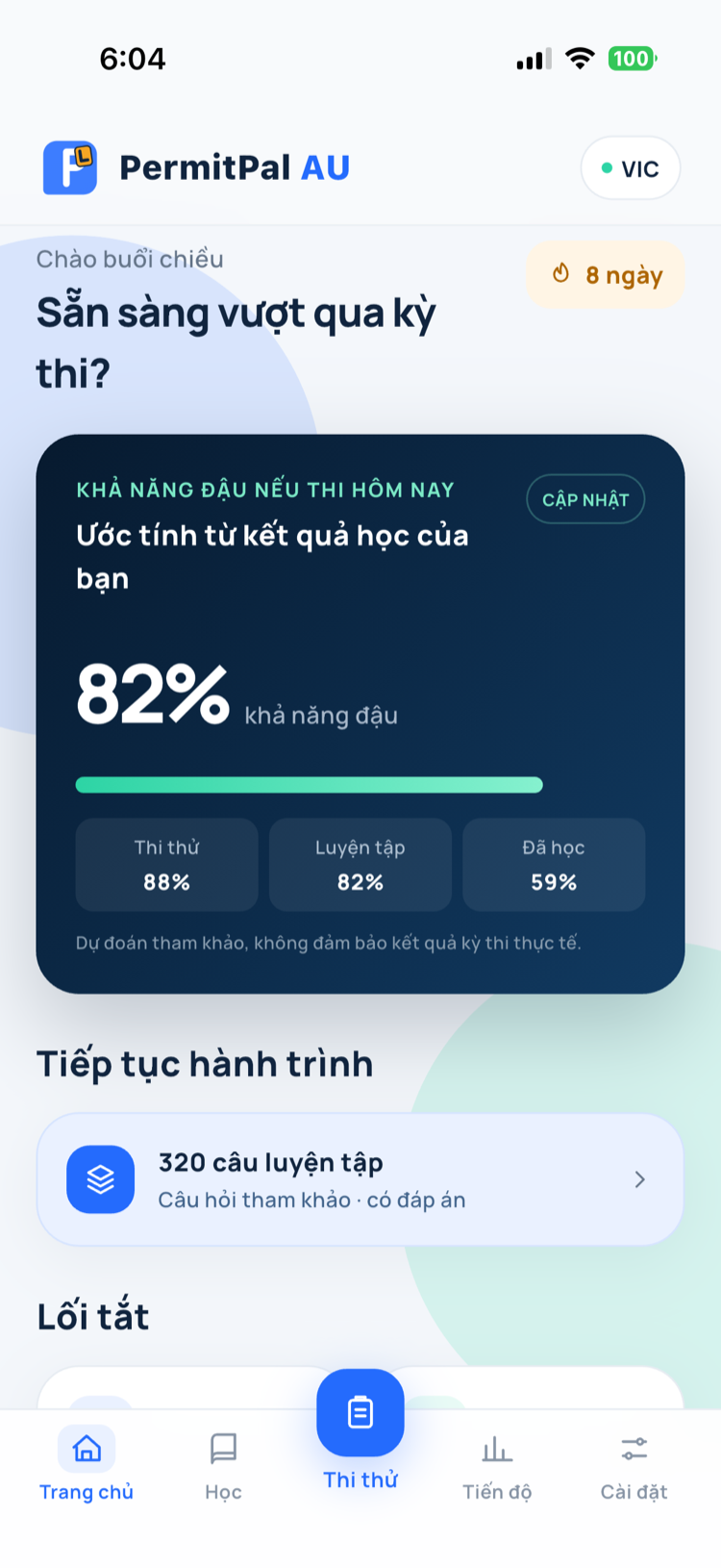 Màn hình trang chủ PermitPal AU với khả năng đậu ước tính