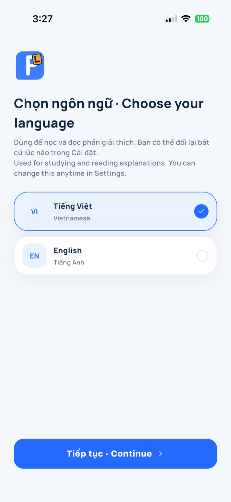 Chọn ngôn ngữ Anh hoặc Việt